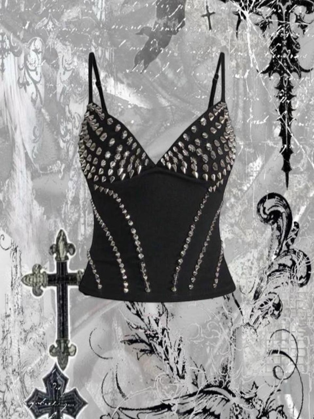 black cropped tank top with silver spike studs